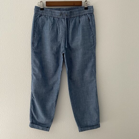 J. Crew Chambray Blue Drawstring Cropped Cuffed Trouser Pants 100% Cotton Size 4 - Picture 1 of 9